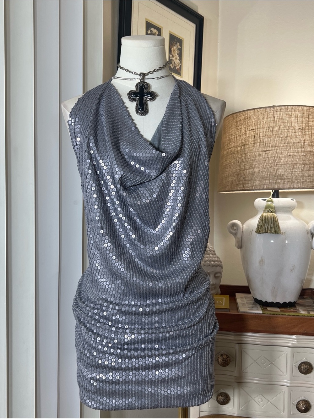 BCBGMaxAzria Gray Sequin Drape Halter  Mini Dress